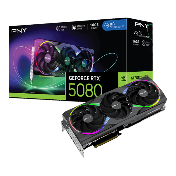 כרטיס מסך PNY GeForce RTX 5080 16G EPIC-X ARGB Triple Fan OC עם תאורת ARGB מרהיבה, קירור משולש וביצועים מתקדמים לגיימינג ויצירת תוכן