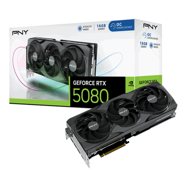 כרטיס מסך PNY GeForce RTX 5080 16G Triple Fan OC עם שלושה מאווררים לביצועי קירור מרשימים, עוצמה גרפית גבוהה וחוויית גיימינג חלקה