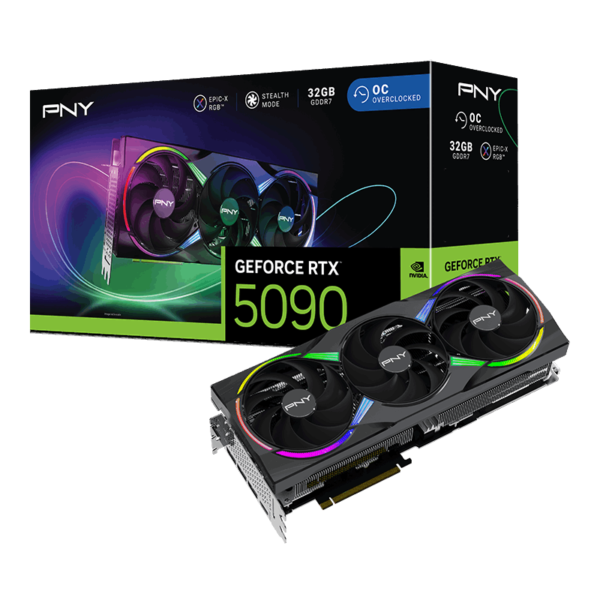 כרטיס מסך PNY GeForce RTX 5090 32GB EPIC-X ARGB OC עם קירור מתקדם ותאורת RGB, ביצועים גבוהים לגיימינג ועריכה גרפית.​