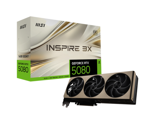 כרטיס מסך MSI GeForce RTX 5080 16G INSPIRE 3X OC עם מערכת קירור משולשת, ביצועים גרפיים מתקדמים וחוויית גיימינג חלקה ועוצמתית