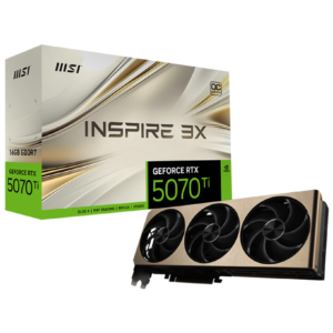 כרטיס מסך MSI GeForce RTX 5070 Ti 16G INSPIRE 3X OC PLUS עם שלושה מאווררים, עיצוב מודרני ומערכת קירור מתקדמת.