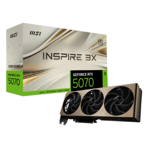 כרטיס מסך MSI GeForce RTX 5070 12G INSPIRE 3X OC עם קירור מתקדם, עיצוב מודרני ומערכת קירור מתקדמת.​