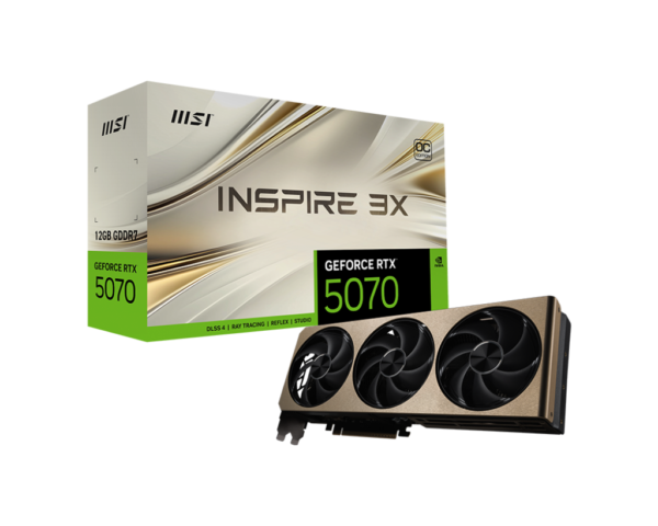 כרטיס מסך MSI GeForce RTX 5070 12G INSPIRE 3X OC עם קירור מתקדם, עיצוב מודרני ומערכת קירור מתקדמת.​