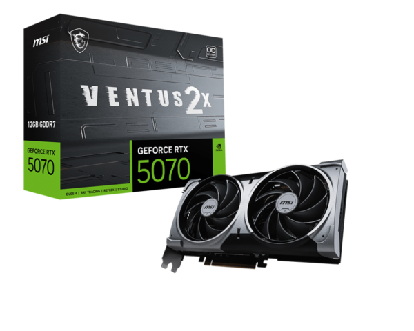 כרטיס מסך MSI GeForce RTX 5070 12G VENTUS 2X OC עם קירור מתקדם, עיצוב מודרני ומערכת קירור מתקדמת.​