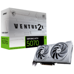 כרטיס מסך MSI GeForce RTX 5070 12G VENTUS 2X OC WHITE עם קירור מתקדם, עיצוב לבן מודרני ומערכת קירור מתקדמת.
