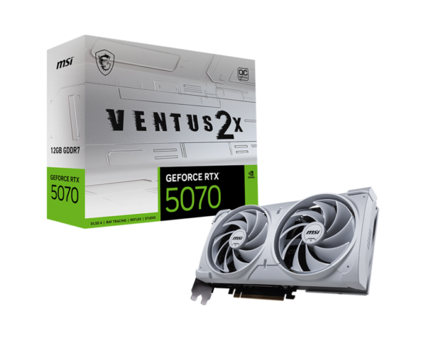 כרטיס מסך MSI GeForce RTX 5070 12G VENTUS 2X OC WHITE עם קירור מתקדם, עיצוב לבן מודרני ומערכת קירור מתקדמת.