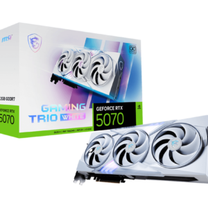 כרטיס מסך MSI GeForce RTX 5070 12G GAMING TRIO OC WHITE עם קירור מתקדם, עיצוב לבן מודרני ומערכת קירור מתקדמת.