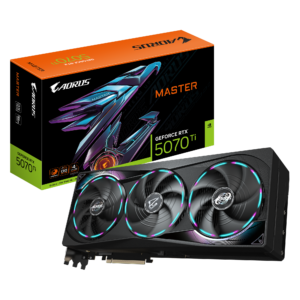 כרטיס מסך GIGABYTE GeForce RTX 5070 Ti AORUS MASTER 16G עם מערכת קירור WINDFORCE, תאורת RGB Halo, מסך LCD מותאם אישית, ותמיכה ב-DLSS 4.​