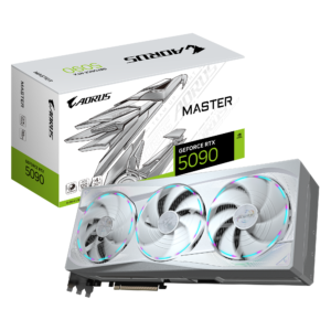 כרטיס מסך GIGABYTE AORUS GeForce RTX 5090 MASTER ICE 32G בעיצוב לבן עם תאורת RGB Halo, קירור WINDFORCE מתקדם ו-LCD Edge View מותאם אישית