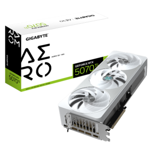 כרטיס מסך GIGABYTE GeForce RTX 5070 Ti AERO OC 16G בעיצוב לבן עם שלושה מאווררי WINDFORCE, קירור מתקדם, תומך ב-DLSS 4 ו-Dual BIOS.