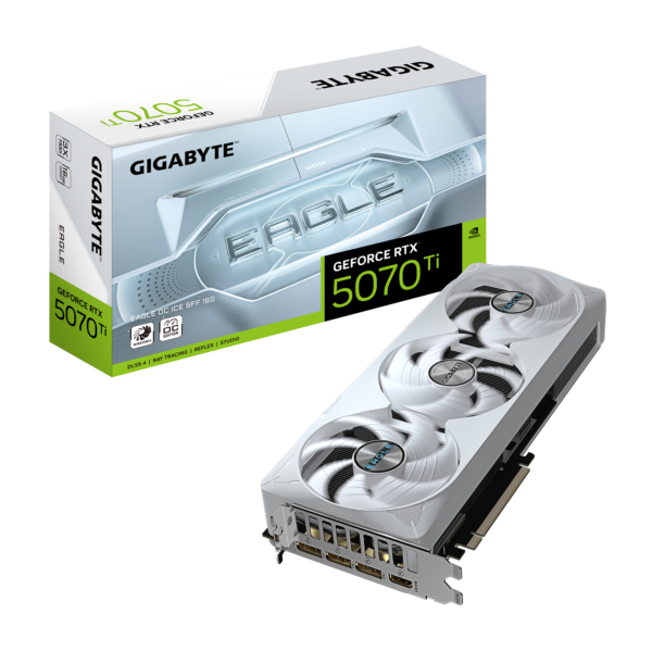 כרטיס מסך בצבע לבן GIGABYTE GeForce RTX 5070 Ti EAGLE OC ICE SFF 16G עם קירור מתקדם, עיצוב קומפקטי, תאורת RGB, ו-Dual BIOS לבחירת פרופיל ביצועים.​
