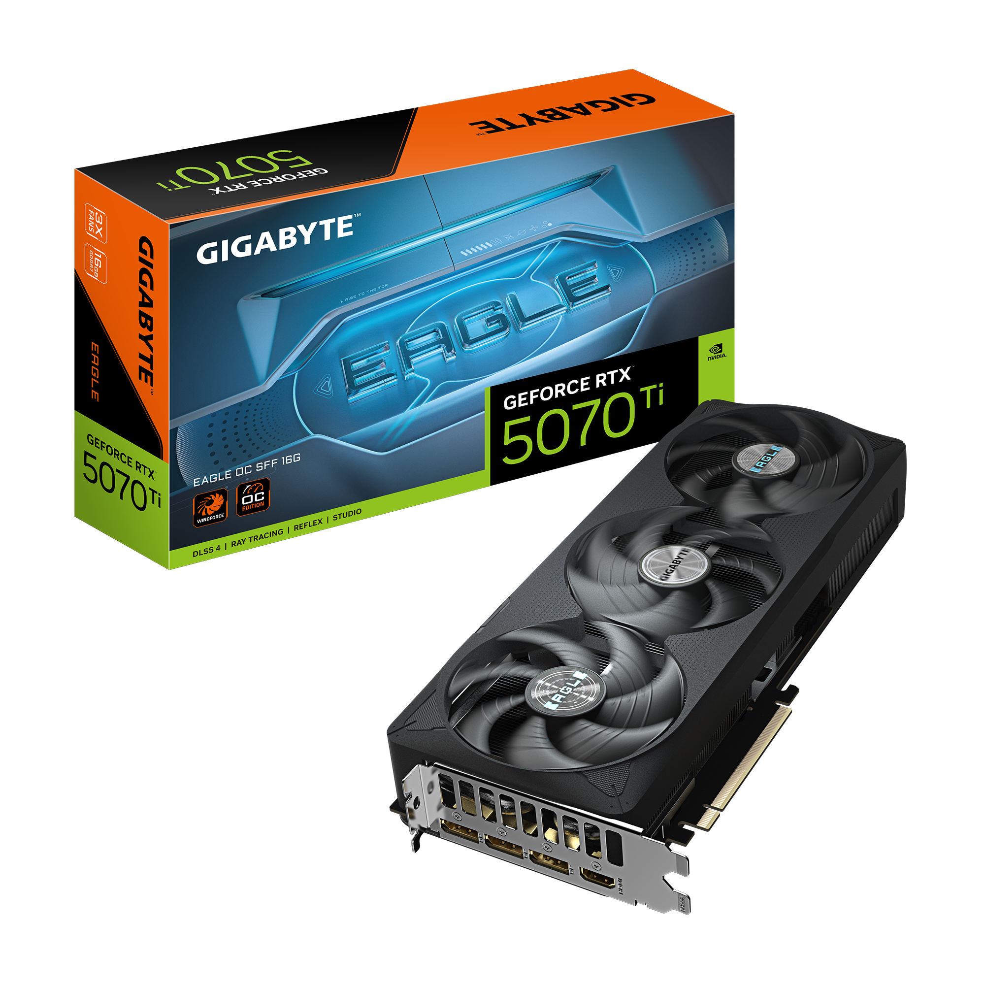 כרטיס מסך GIGABYTE GeForce RTX 5070 Ti EAGLE OC SFF 16G עם קירור מתקדם, עיצוב קומפקטי, תאורת RGB, ו-Dual BIOS לבחירת פרופיל ביצועים