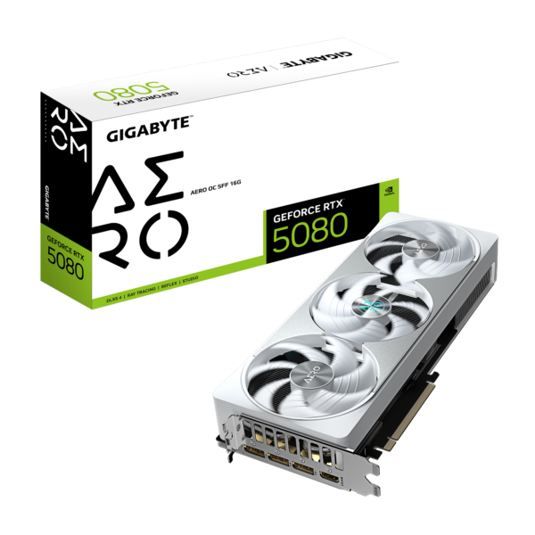 כרטיס מסך GIGABYTE GeForce RTX 5080 AERO OC SFF 16G בעיצוב קומפקטי, עם ביצועים גבוהים, קירור שקט ומראה יוקרתי – מושלם למחשבים קטנים