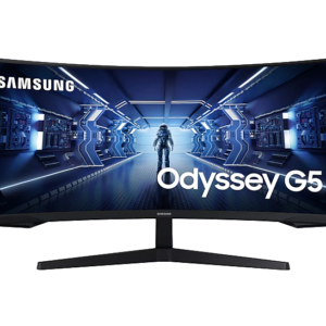 מסך Samsung G55T Odyssey 34" UWQHD עם עקומה 1000R, קצב רענון 165Hz וזמן תגובה 1ms, חוויית גיימינג חלקה עם צבעים עשירים ותמיכה ב-FreeSync Premium.
