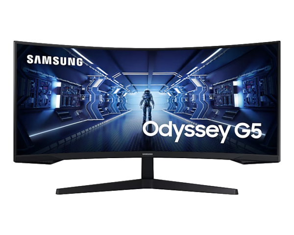 מסך Samsung G55T Odyssey 34" UWQHD עם עקומה 1000R, קצב רענון 165Hz וזמן תגובה 1ms, חוויית גיימינג חלקה עם צבעים עשירים ותמיכה ב-FreeSync Premium.