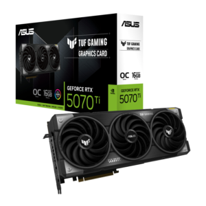 כרטיס מסך ASUS GeForce RTX 5070 Ti TUF 16GB OC עם קירור מתקדם, עיצוב עמיד ומערכת קירור מתקדמת.​