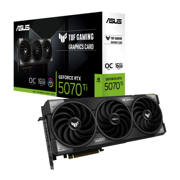 כרטיס מסך ASUS GeForce RTX 5070 Ti TUF 16GB OC עם קירור מתקדם, עיצוב עמיד ומערכת קירור מתקדמת.​